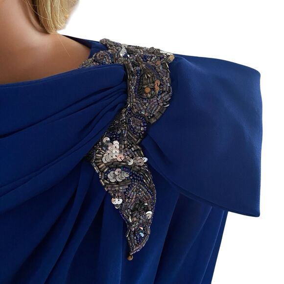 Vtg Dress 80s Long Sleeve Evening XLP Mother The Bride Modest Blue Sequins Midi - Picture 9 of 16
